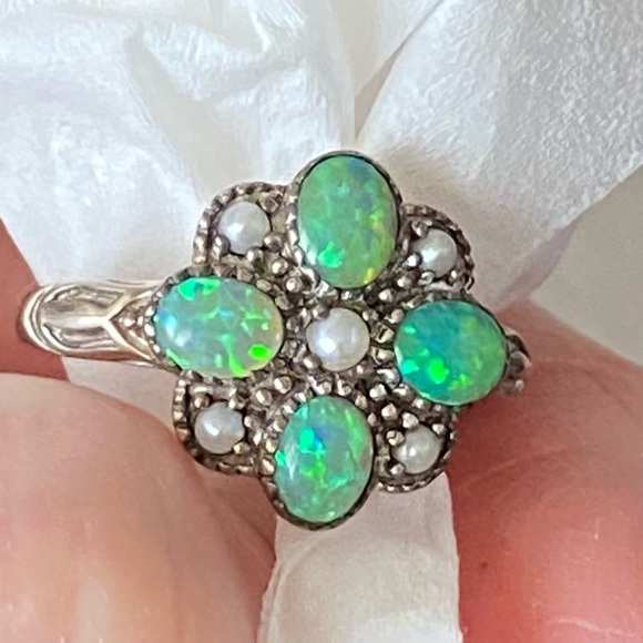 Green Fire Opal Pearl ring 6.5 925 Sterling Silver Filigree Ring - Picture 6 of 6